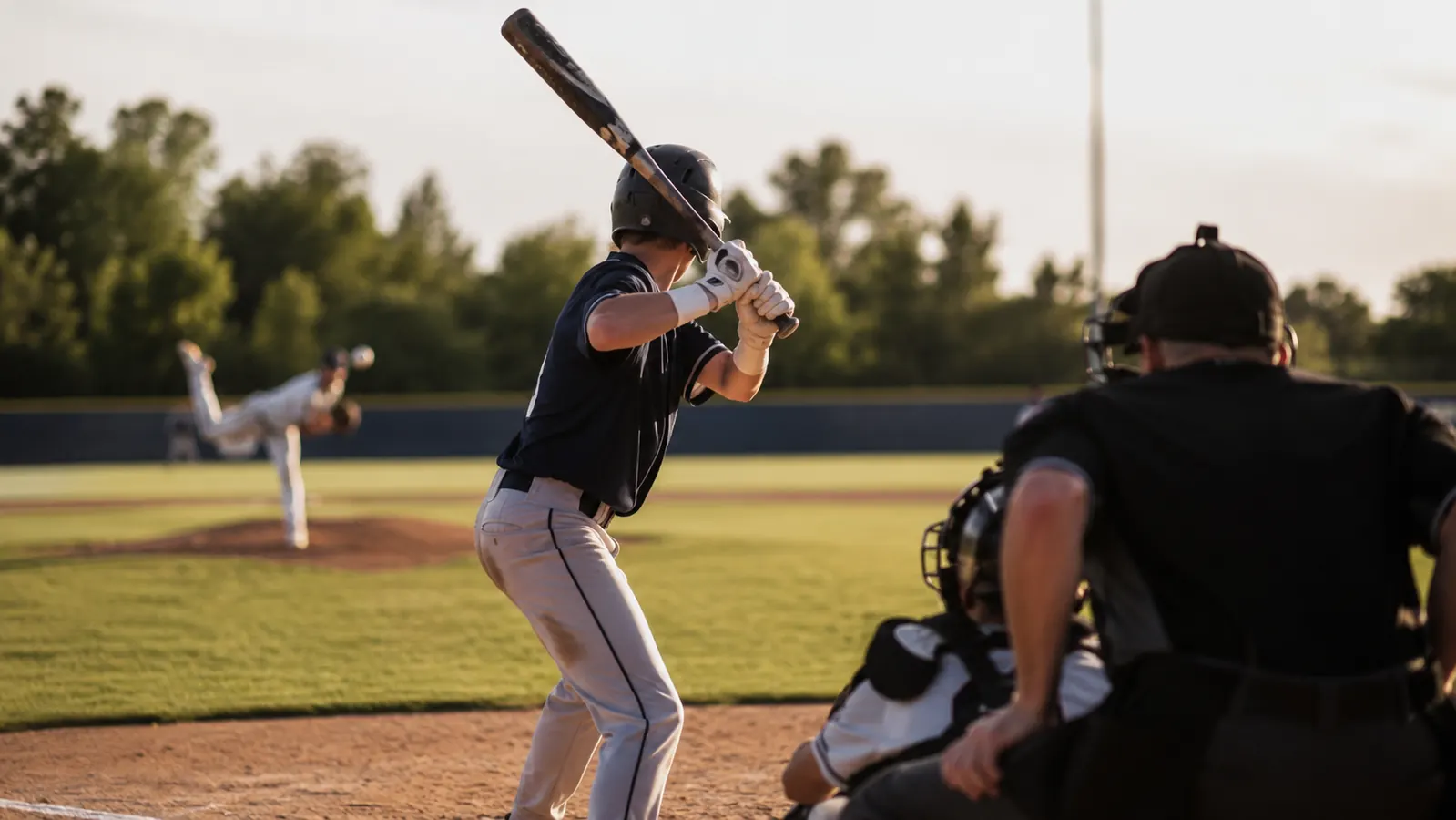 Teenage baseball player at the plate holding a navy and red BBCOR bat, waiting on a pitch