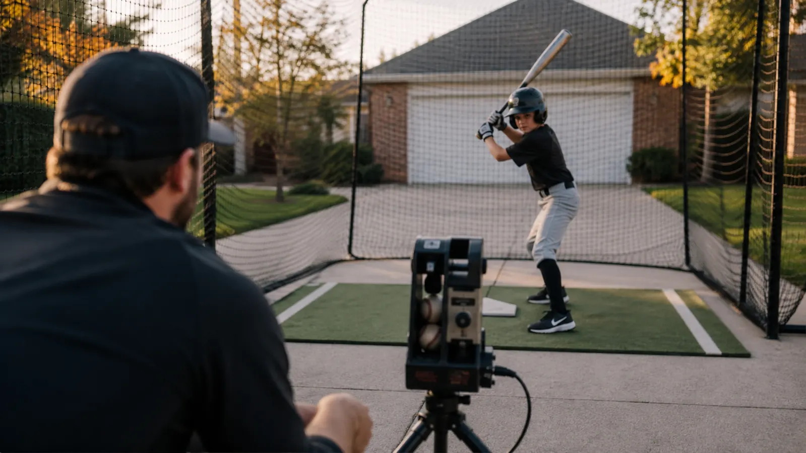 Youth baseball player at the plate in a driveway batting cage, tracking a pitch from a compact pitching machine