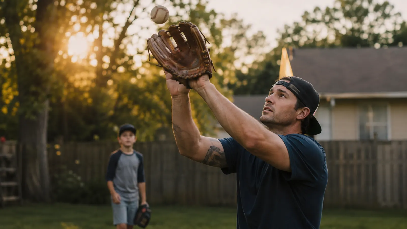 A parent and child playing catch in a backyard at golden hour, a worn leather infield glove visible on the child's hand