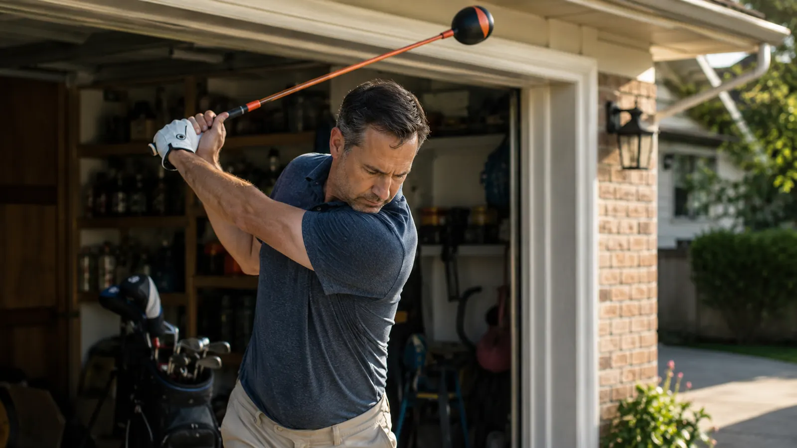 Weekend golfer swinging an orange-shafted swing trainer in a driveway at golden hour with the garage door open