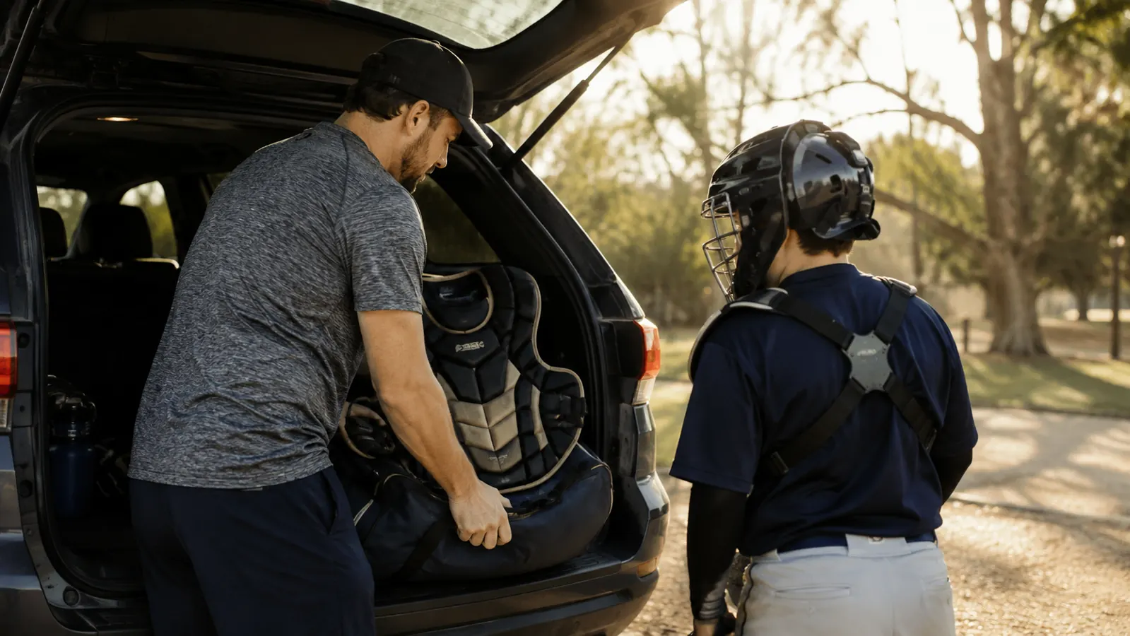 Dad and son loading a catcher's gear bag into the back of a car after practice