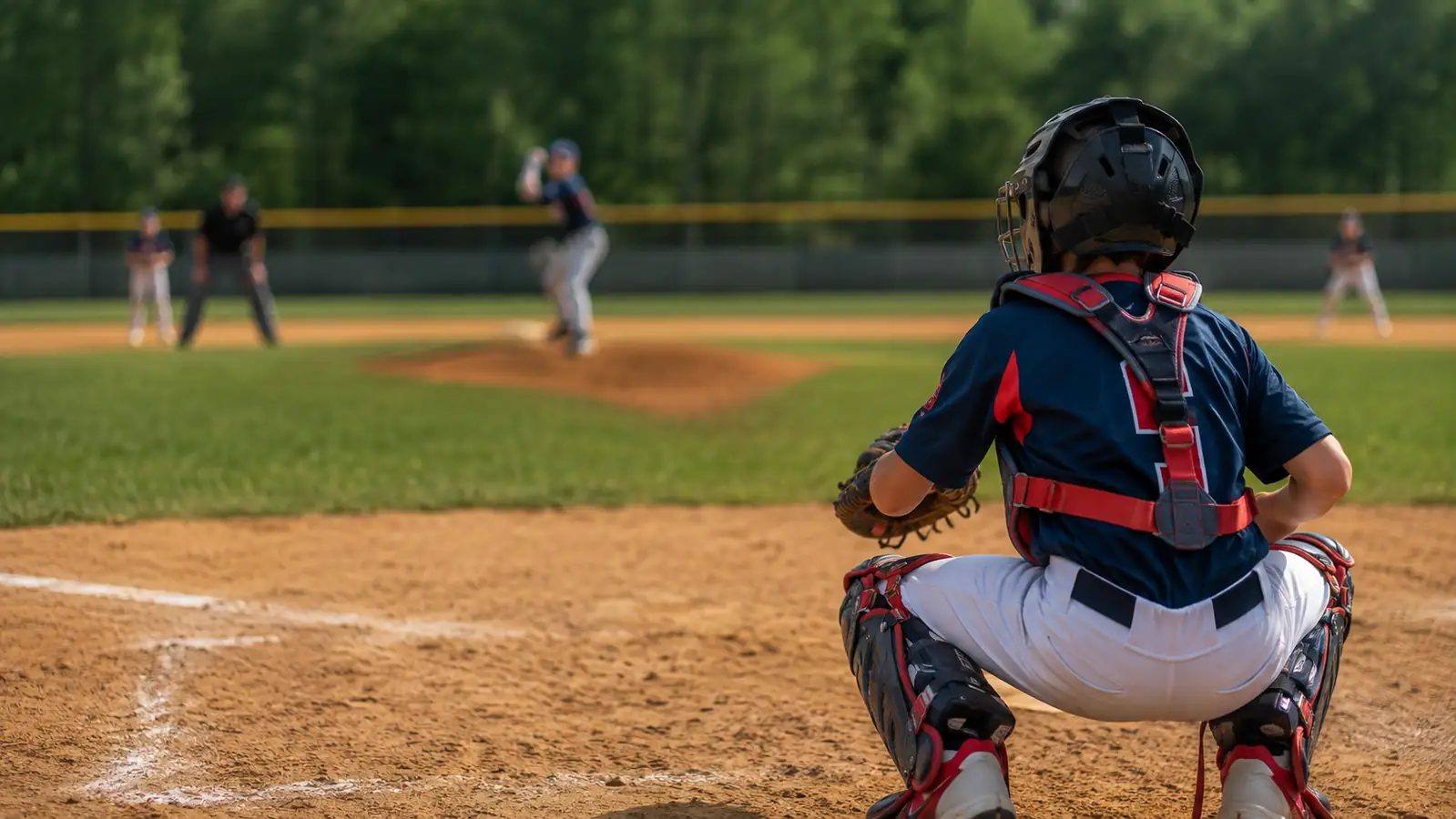 Youth catcher squatting behind home plate in a full navy chest protector, leg guards, and helmet