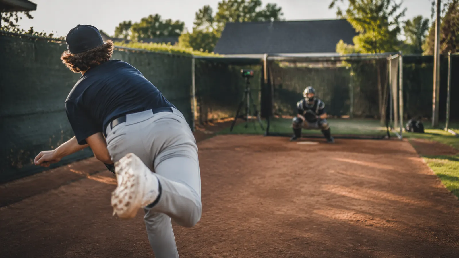 Teenage pitcher mid-windup on a backyard mound with a small radar gun mounted behind the plate