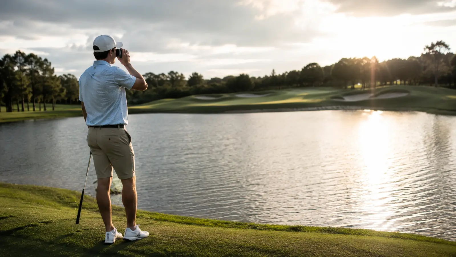 Golfer checking a laser rangefinder before hitting an approach shot over a water hazard