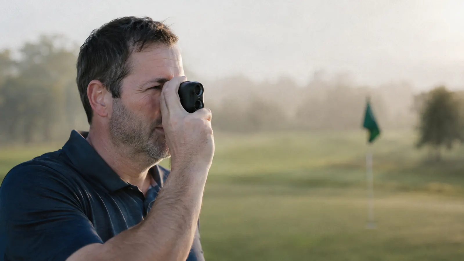 Golfer standing in the fairway holding a laser rangefinder up toward the green in soft morning light