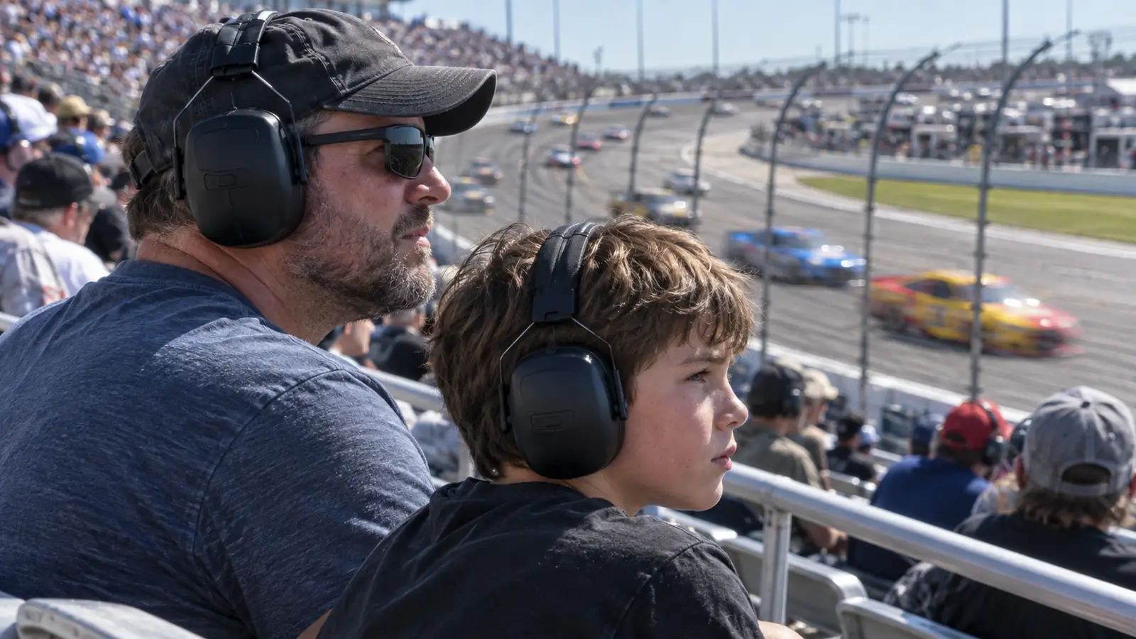 Father and preteen son sitting in grandstand seats at a race track, both wearing black electronic earmuffs, cars blurred on the track below