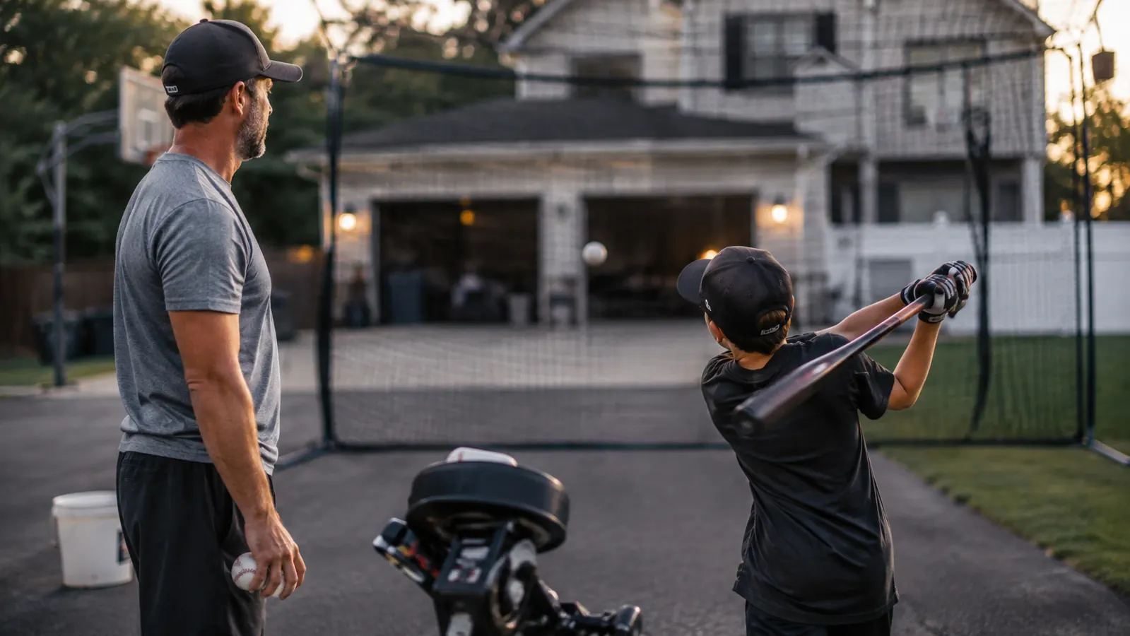 Father and young son standing together in a driveway batting cage at dusk with a pitching machine set up on the mound