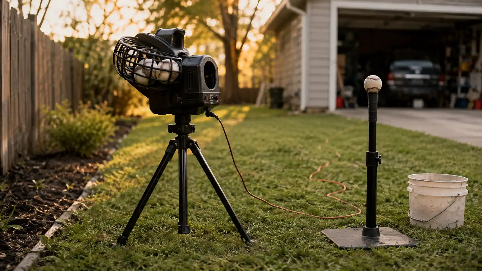 Compact pitching machine on a tripod set up in a backyard with a portable net behind home plate, late afternoon light