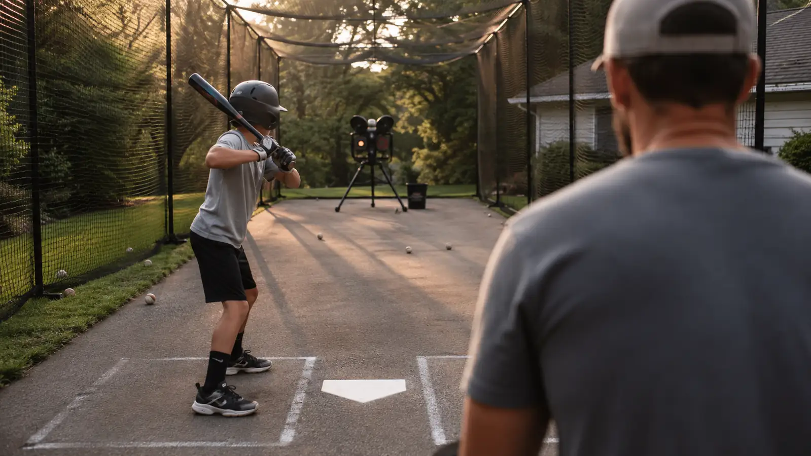 Youth baseball player in batting stance in a backyard cage with a pitching machine set up on the mound line at golden hour