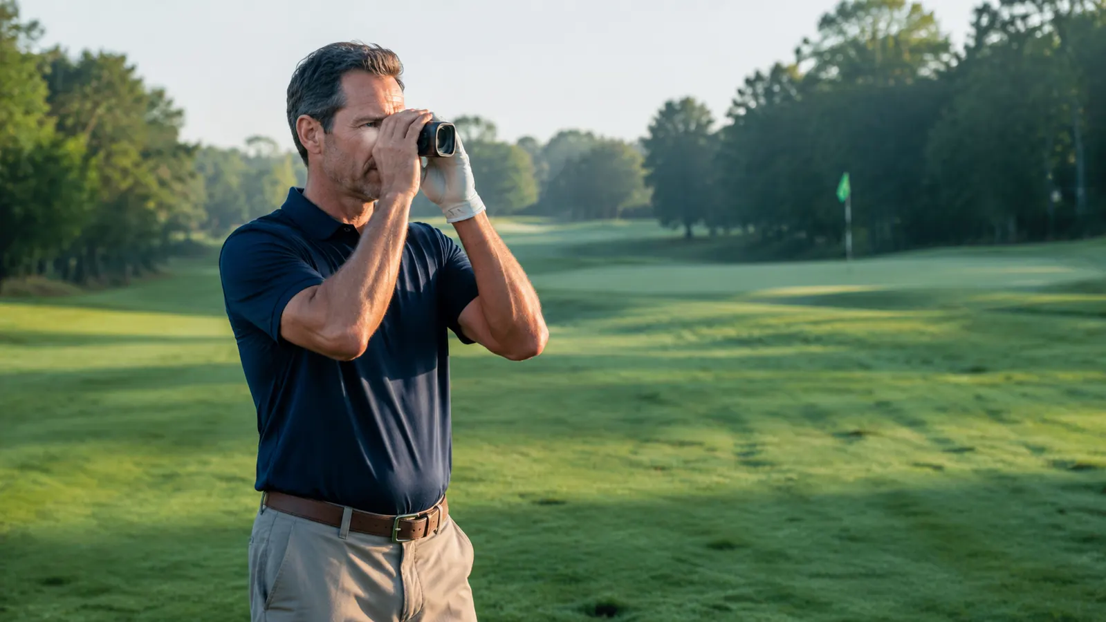 A weekend golfer in his forties standing on a fairway holding a laser rangefinder up to check the distance to the green