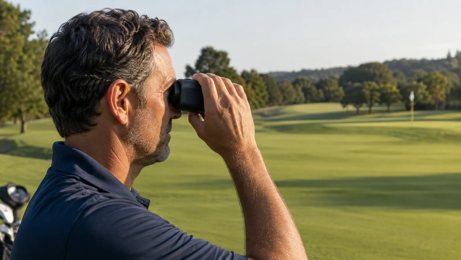 Golfer holding a black laser rangefinder up to sight a distant flag on a sunny fairway