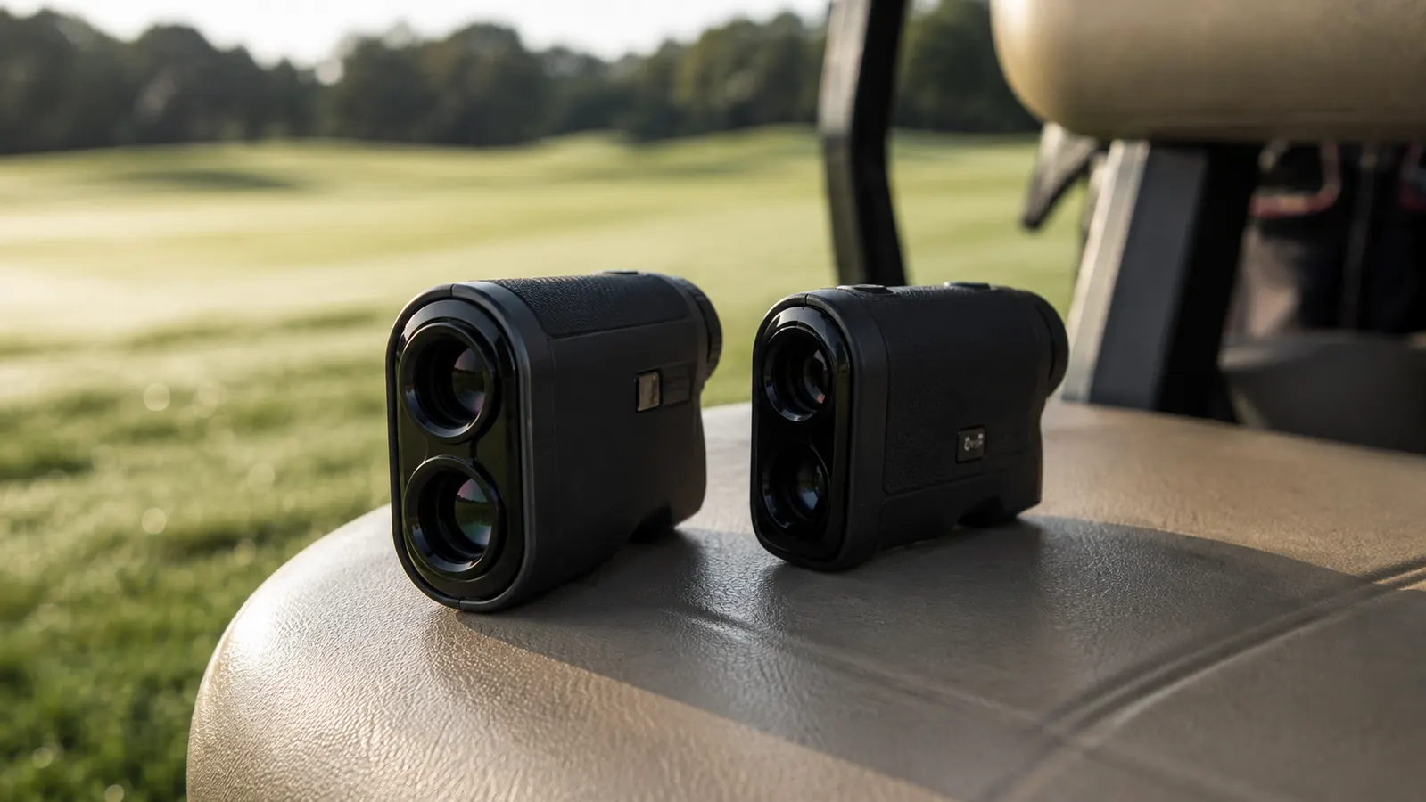 Two golf laser rangefinders resting on a golf cart seat next to a scorecard and glove