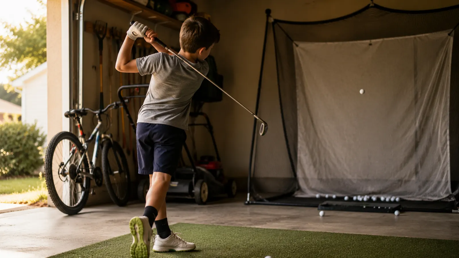 A ten-year-old boy swinging a golf club at a practice net in a garage