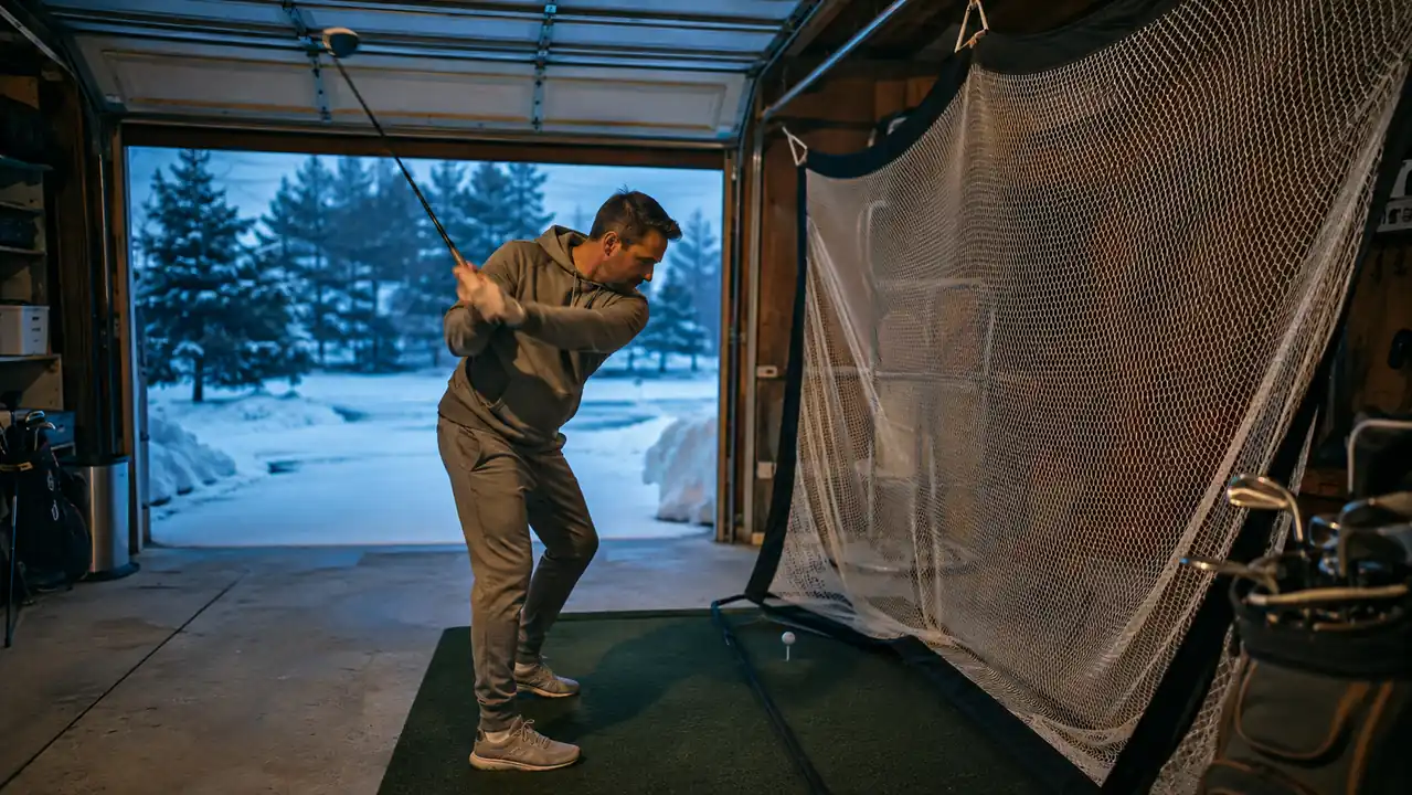 A man in his forties hitting golf balls into a practice net set up in his garage during winter