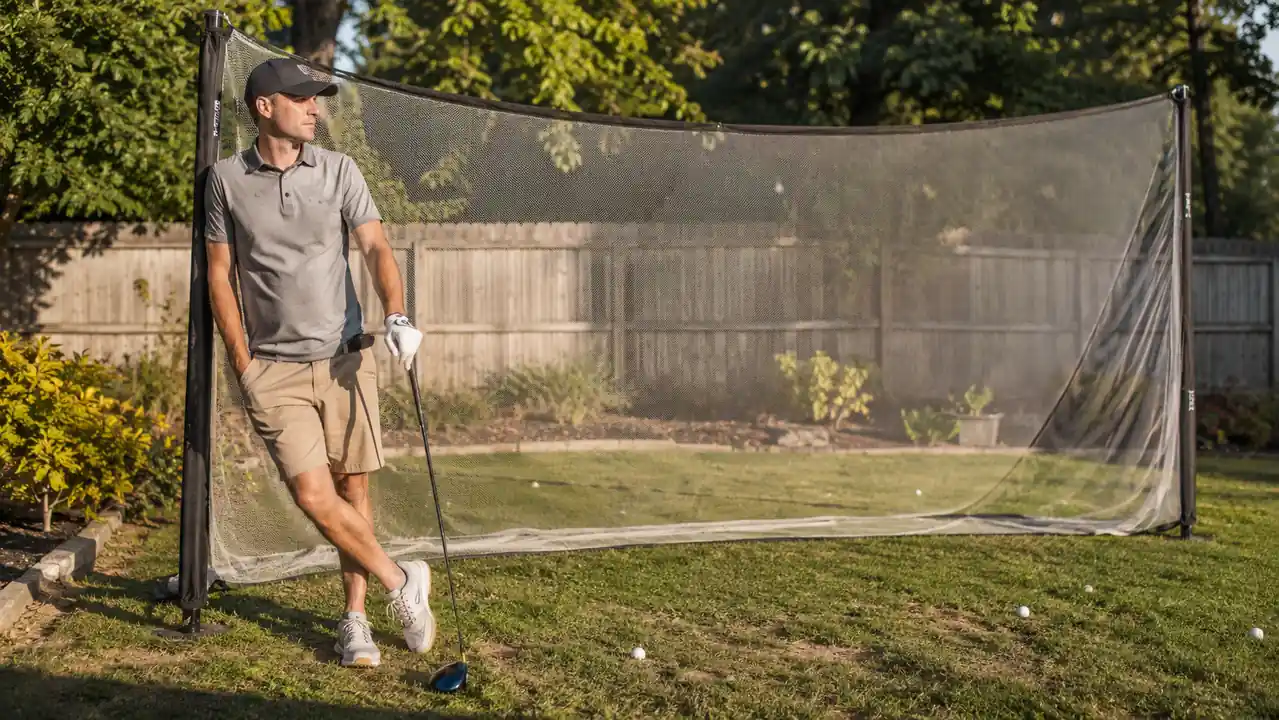GoSports golf practice net staked into a backyard lawn with sun-faded netting and a driver leaning against one leg