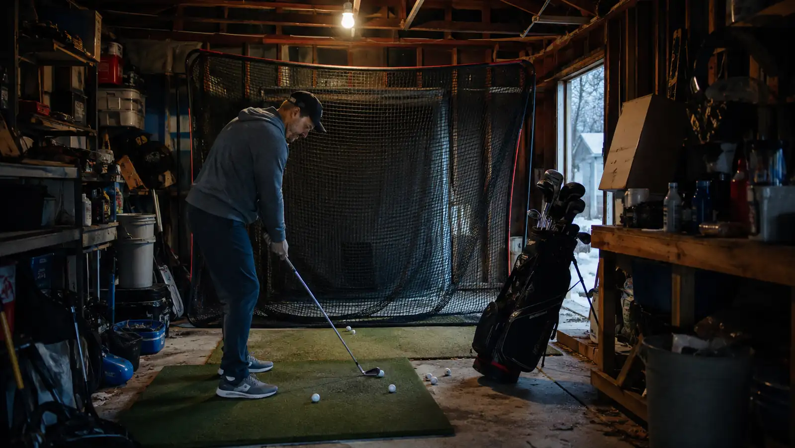 GoSports golf practice net set up in a dim garage with a bay of range balls lined up in front of it