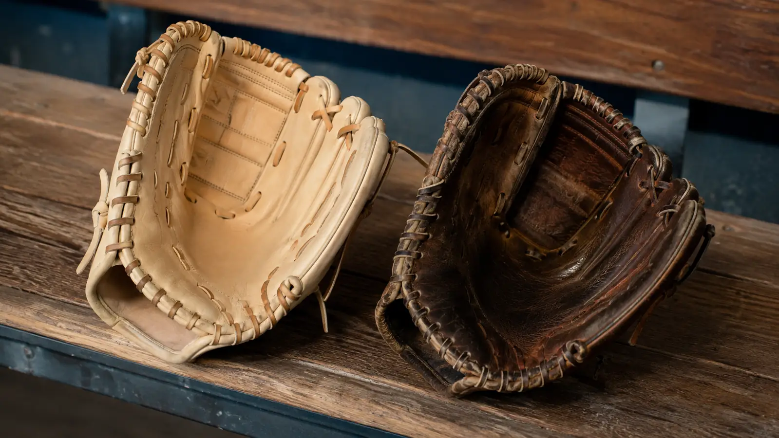A stiff new baseball glove and a broken-in glove side by side on a wooden bench, morning light through a dugout fence