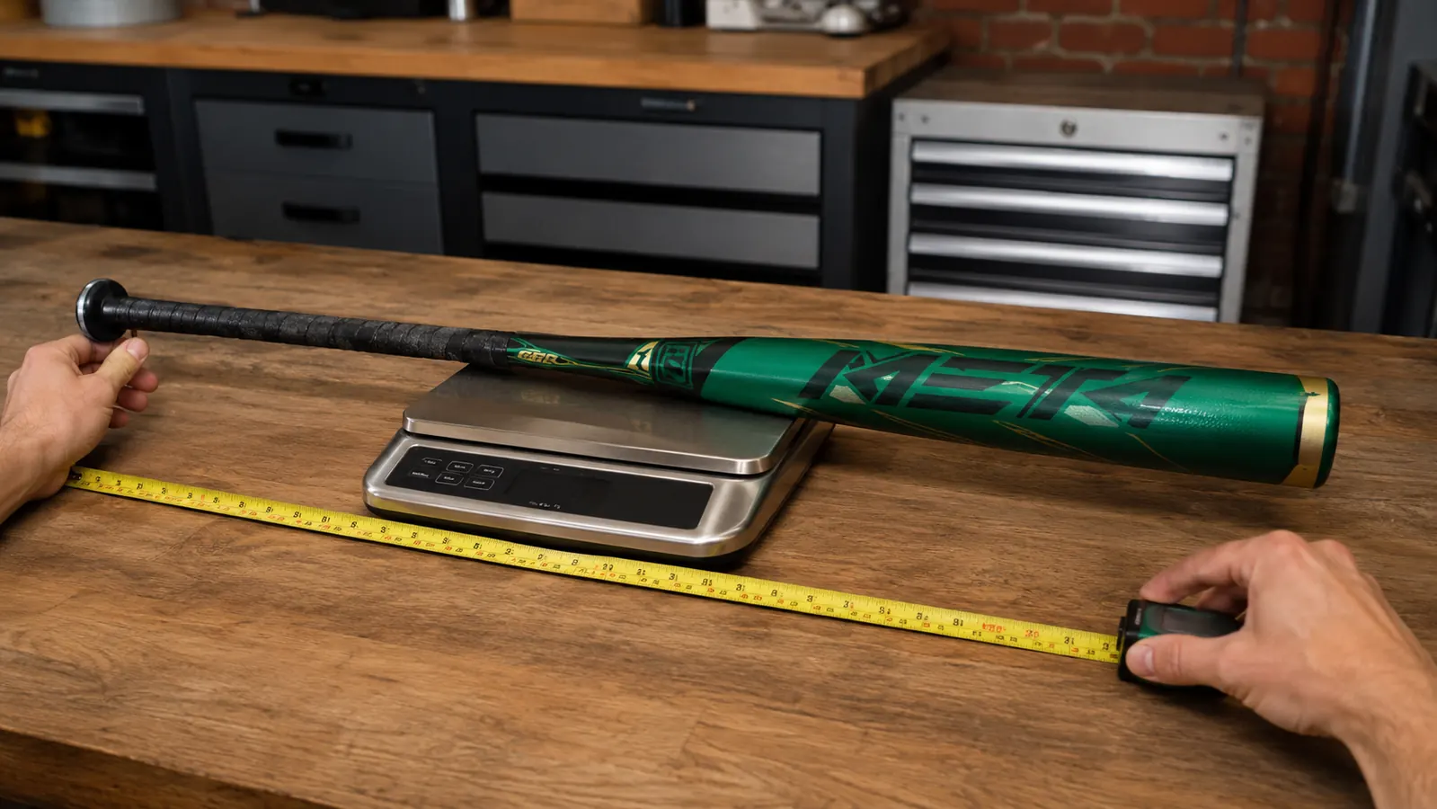 Parent holding a BBCOR bat next to a tape measure and bathroom scale, checking length and swing weight before buying
