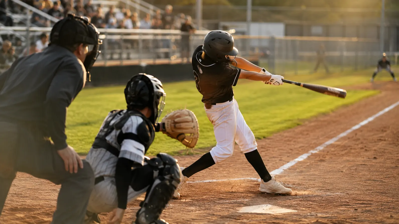 High school baseball player at the plate mid-swing with a BBCOR bat, dugout and chain-link backstop in the background