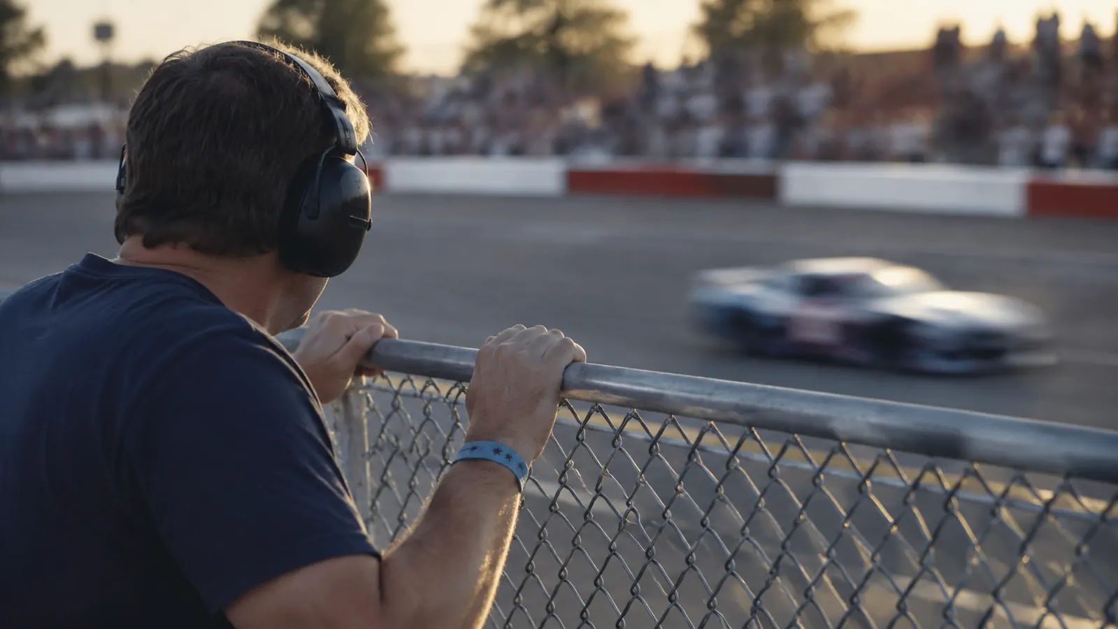 Fan wearing electronic earmuffs leaning on a chain-link fence near the front straight as cars pass