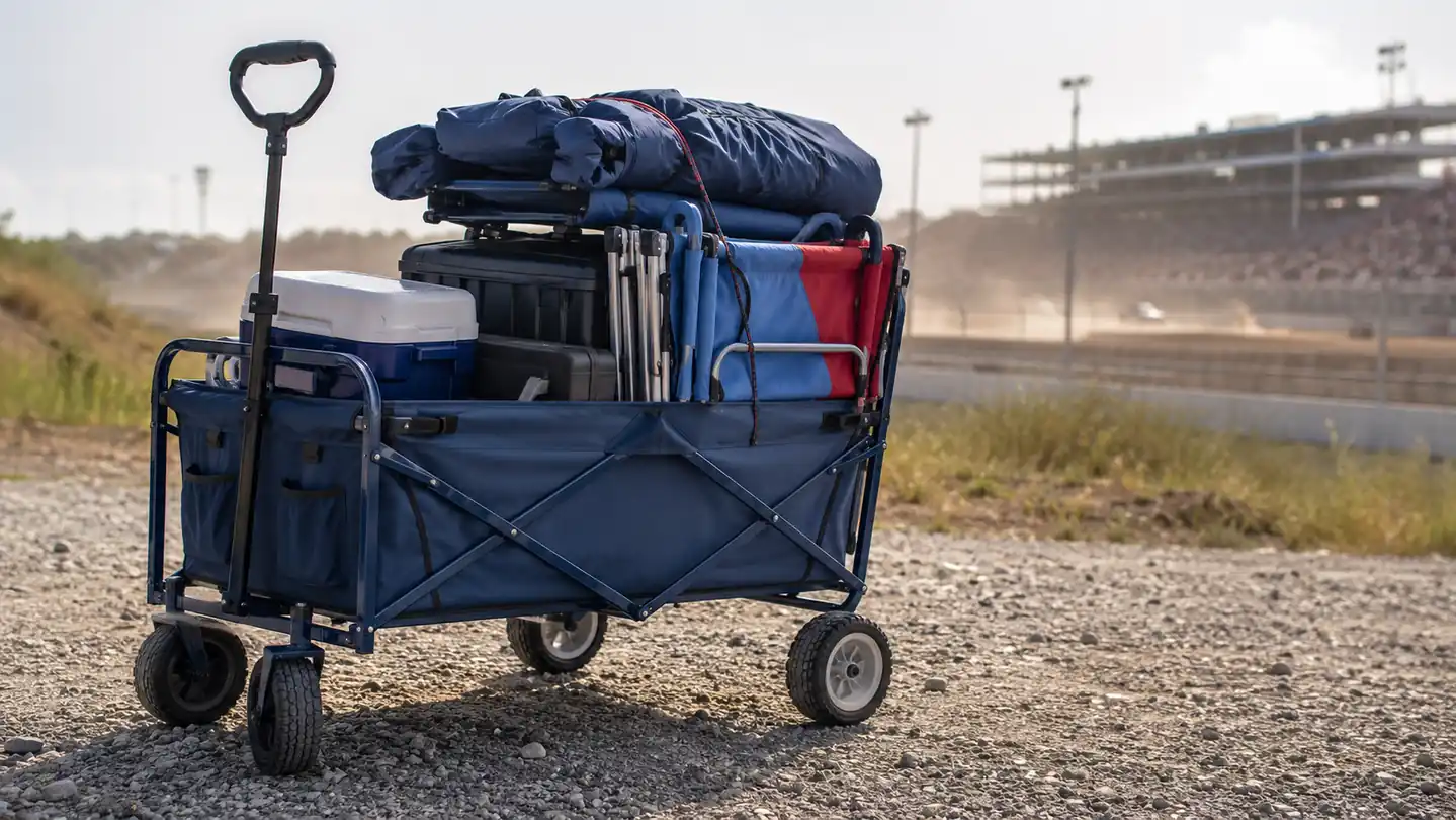 Folding wagon loaded with a cooler, chairs, and a rolled tarp in a gravel lot with a grandstand in the distance