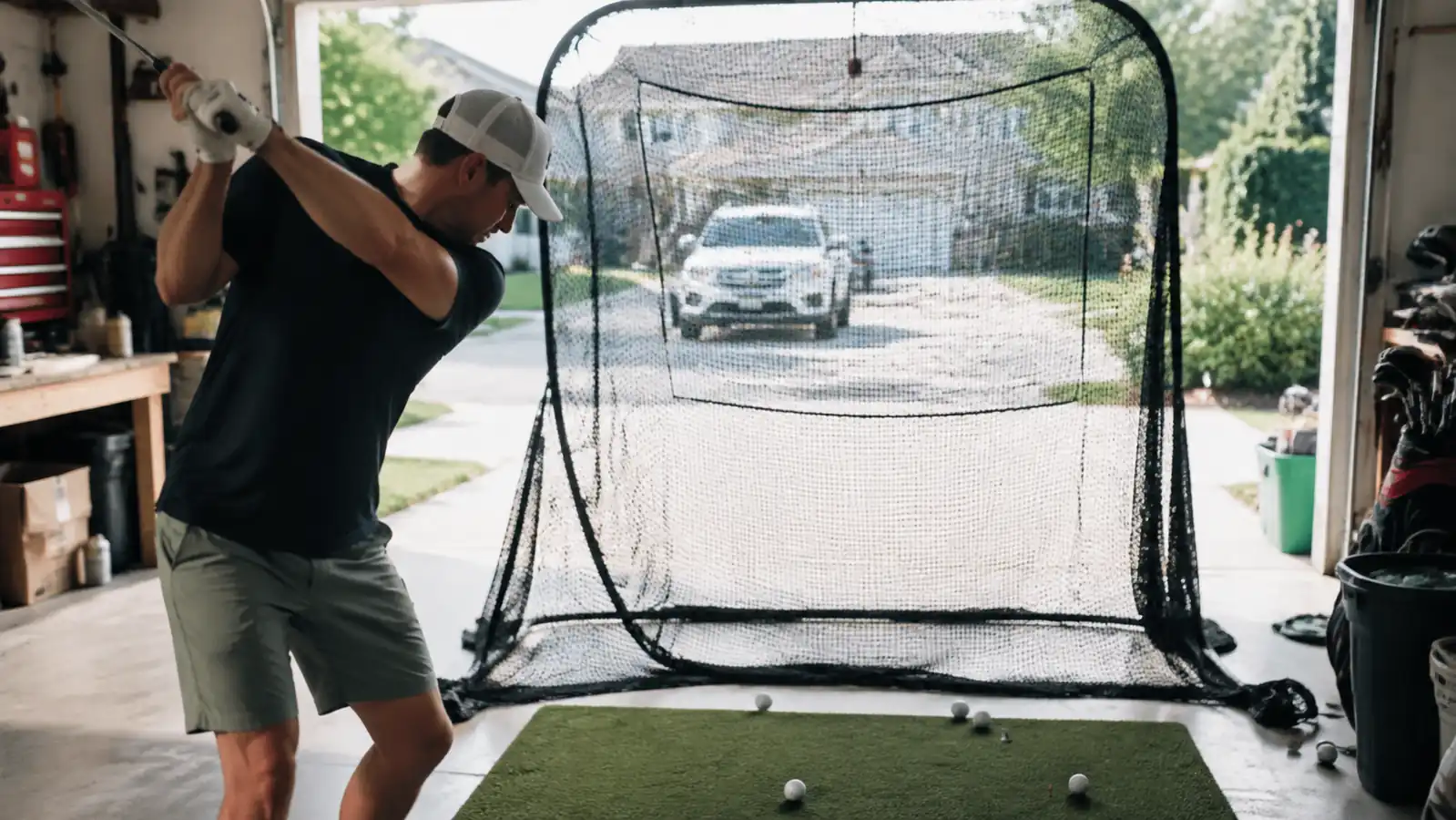 A golfer mid-swing hitting a ball into a backyard practice net set up in an open garage