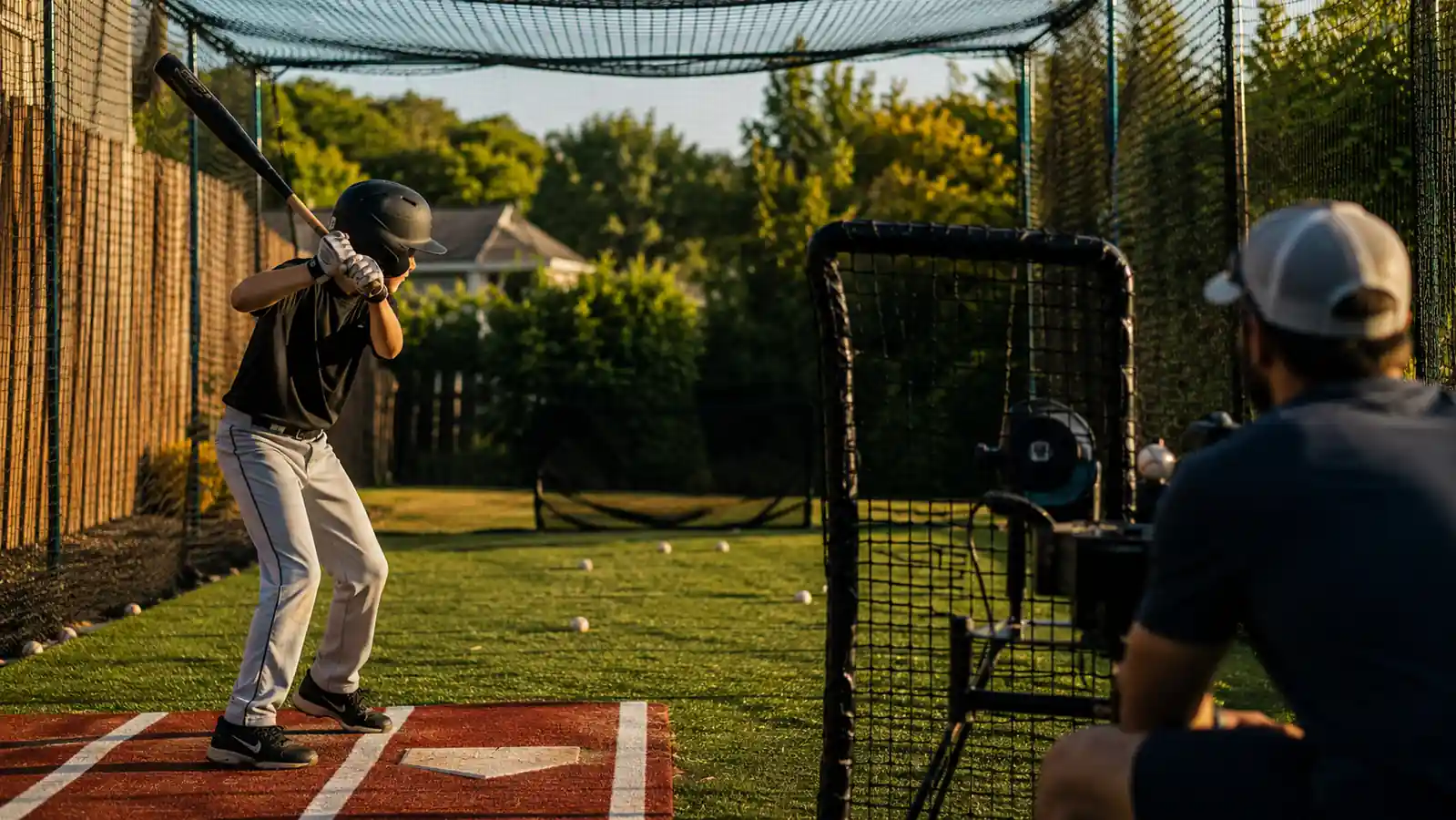 Batter in helmet standing in the box with a feeder positioned behind a protective screen to the side of the machine