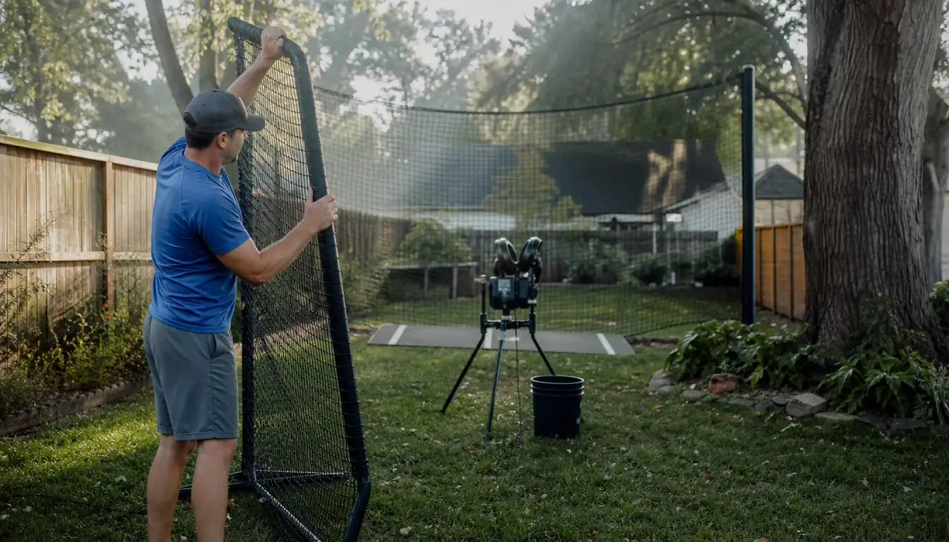 Father setting up a pitching machine behind an L-screen in a backyard batting cage