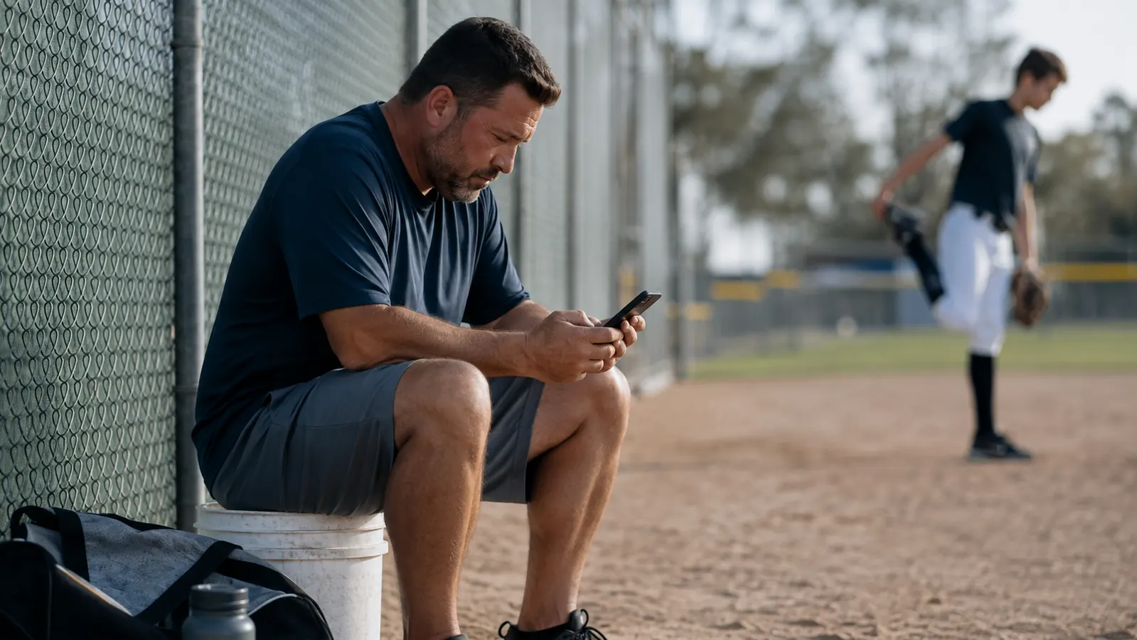 Parent sitting on a bucket near a backstop, phone in hand, logging a velocity reading into a notes app after a bullpen session