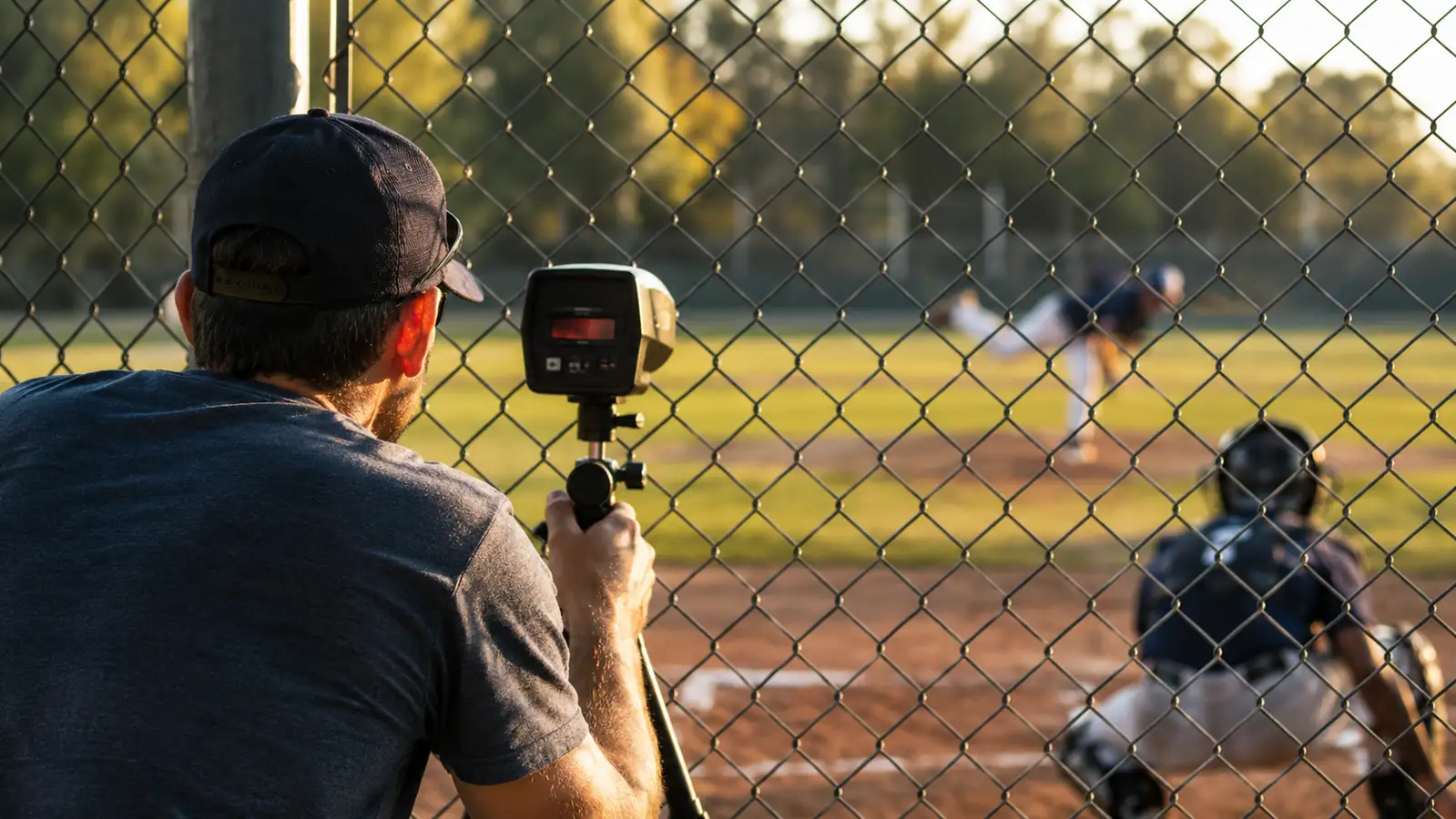 A parent standing behind a backstop with a radar gun mounted on a small tripod, tracking a pitcher throwing bullpen at dusk