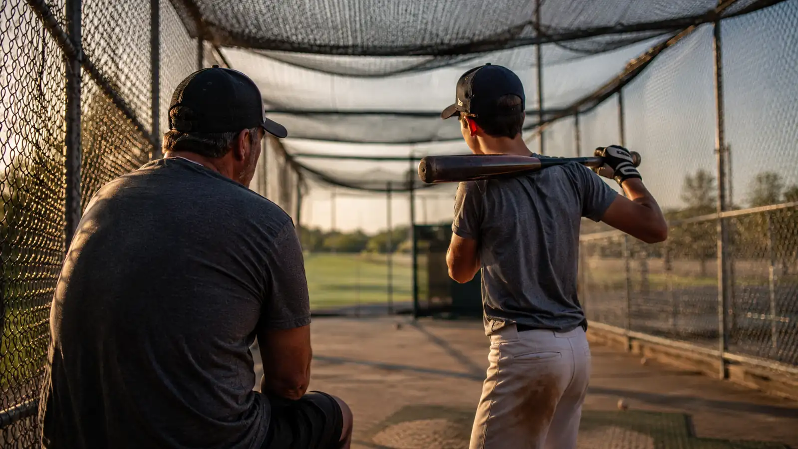 Father and teenage son standing together in a batting cage at golden hour, son holding a black and gray BBCOR baseball bat