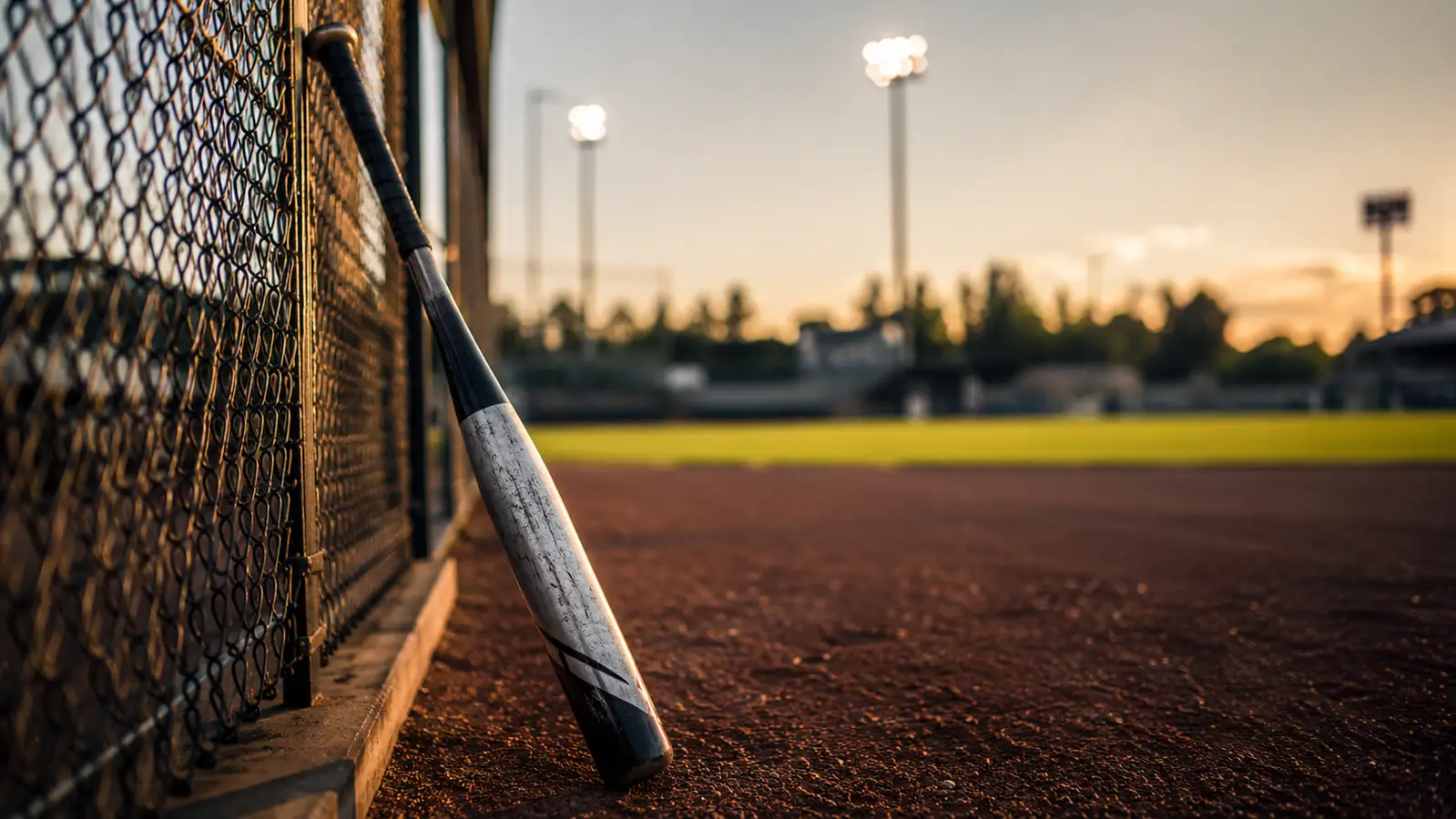 A Louisville Slugger Meta BBCOR bat resting against a dugout fence at dusk