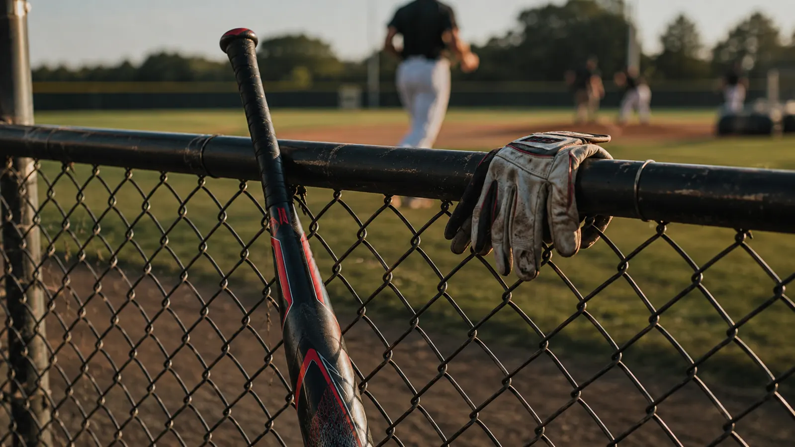 Louisville Slugger Meta BBCOR bat leaning against a dugout fence with a rec-league game in the background