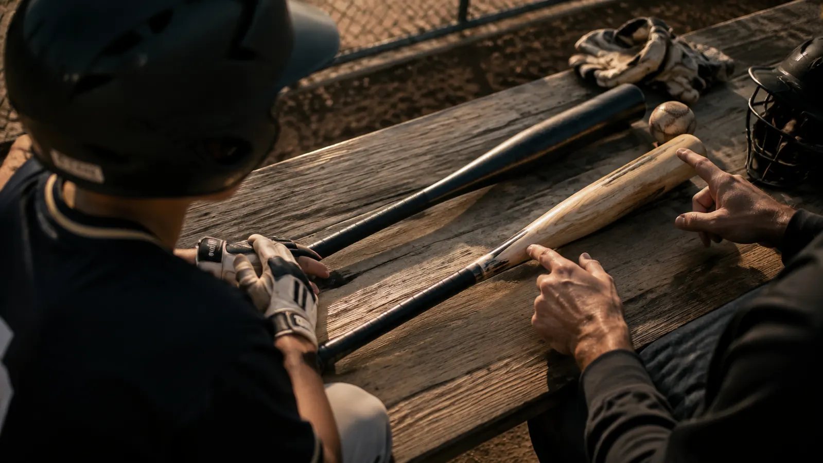 Two BBCOR baseball bats, a Louisville Slugger Meta and a Marucci CAT9, laid side by side on a dugout bench with batting gloves and a ball