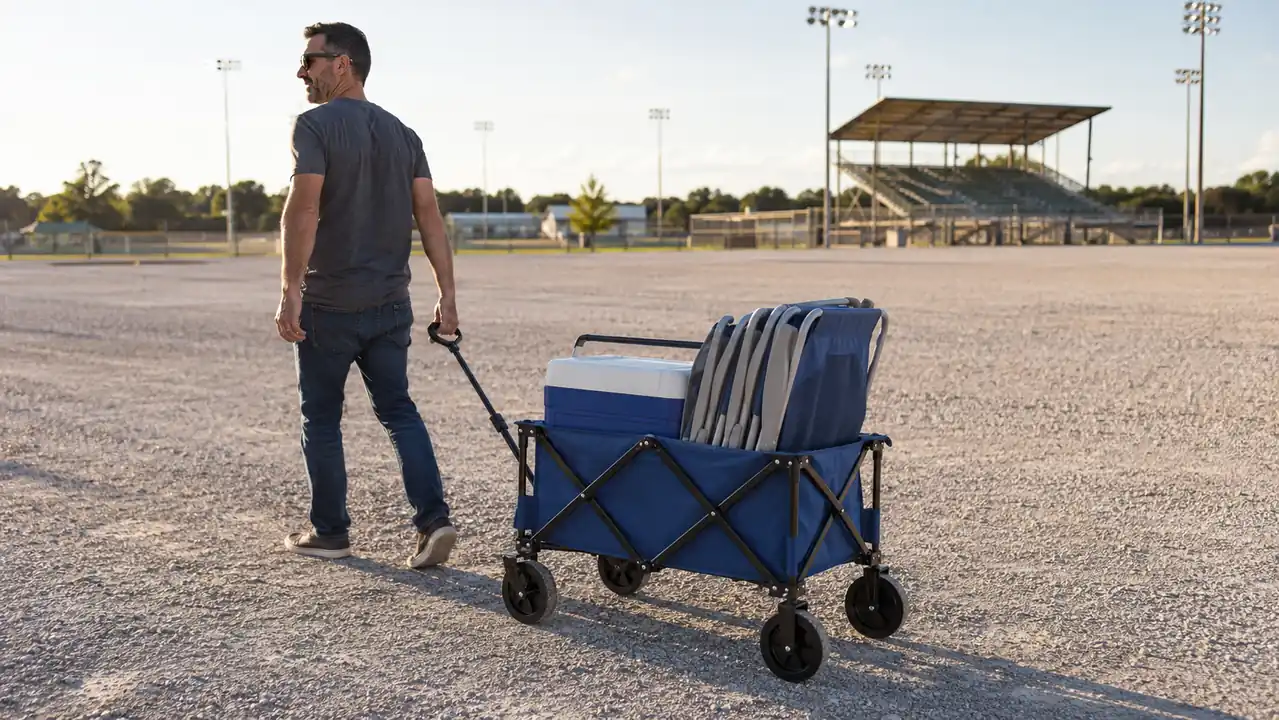 Man pulling a loaded folding wagon across a gravel parking lot toward a grandstand