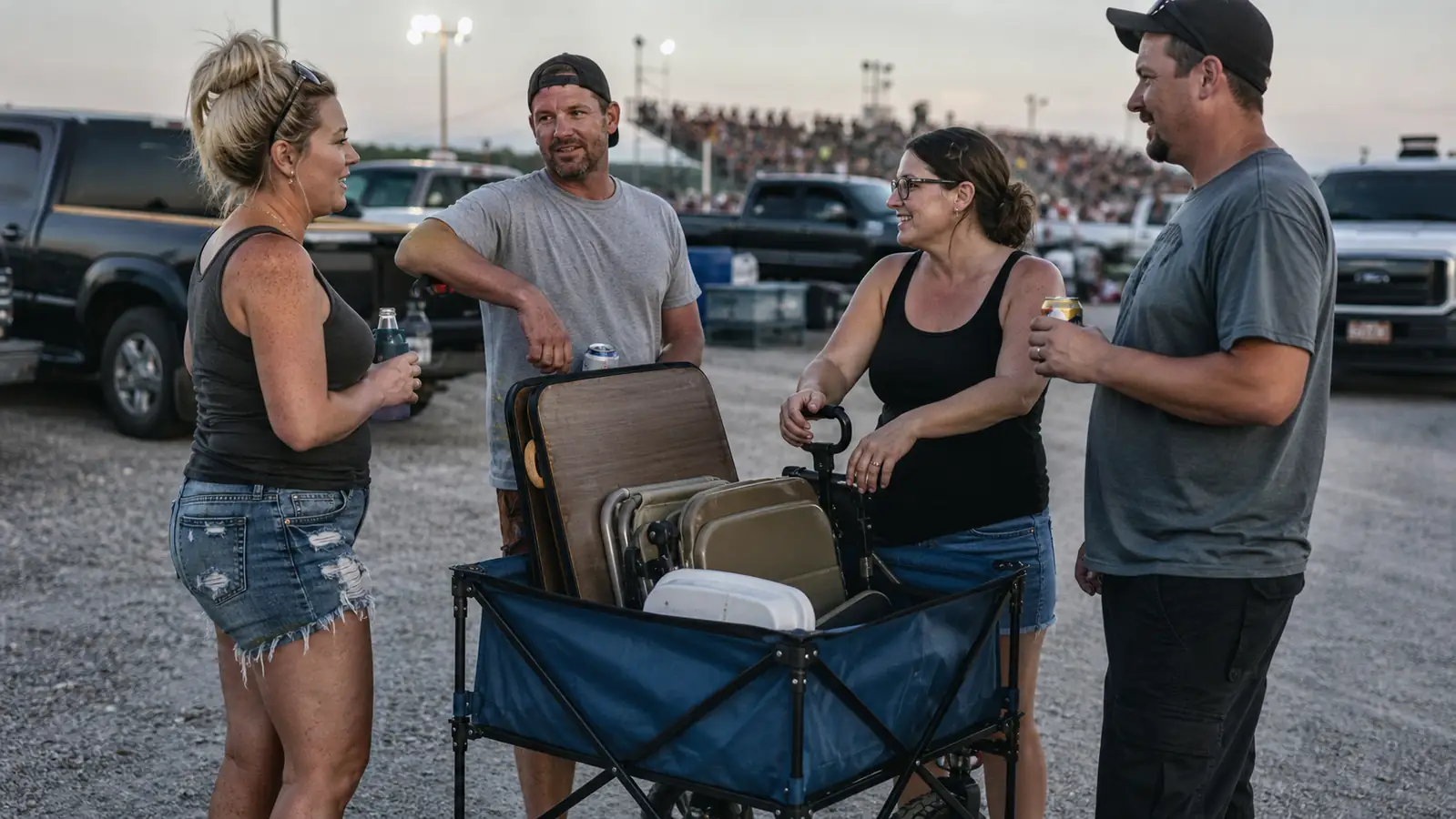 Group of adults unloading a folding wagon of tailgate gear in a gravel parking lot at a short track, cars and campers in the background