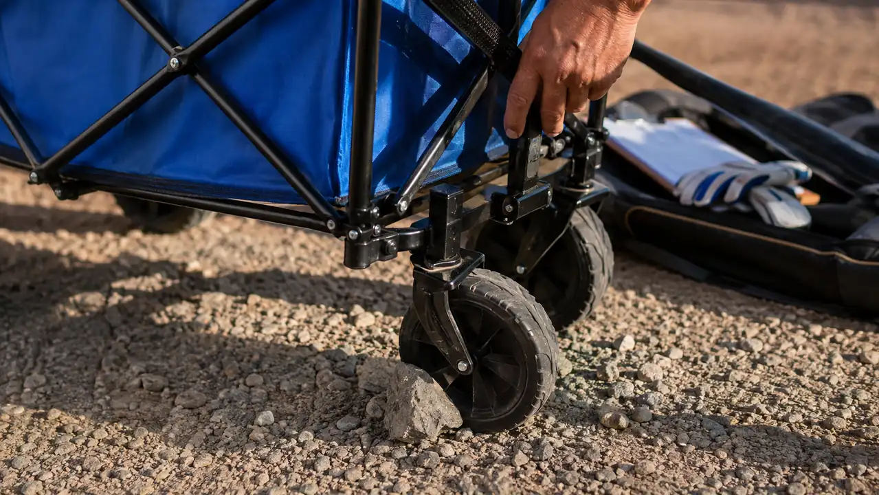 Close-up of a folding wagon's small plastic wheel caught against a piece of loose gravel