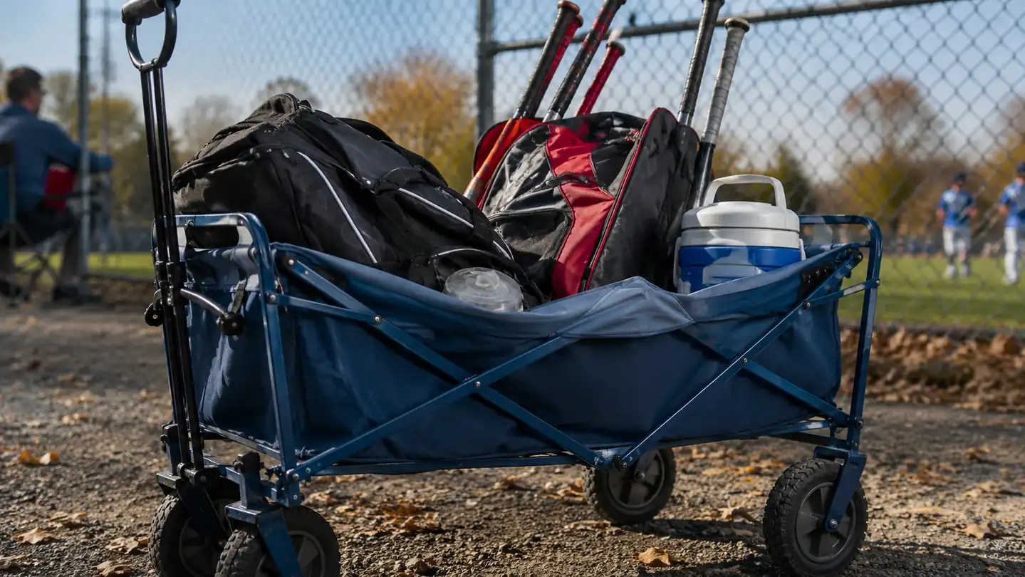 Blue steel-frame folding wagon parked on a gravel lot outside a fall baseball field with a sagging fabric bed under team gear