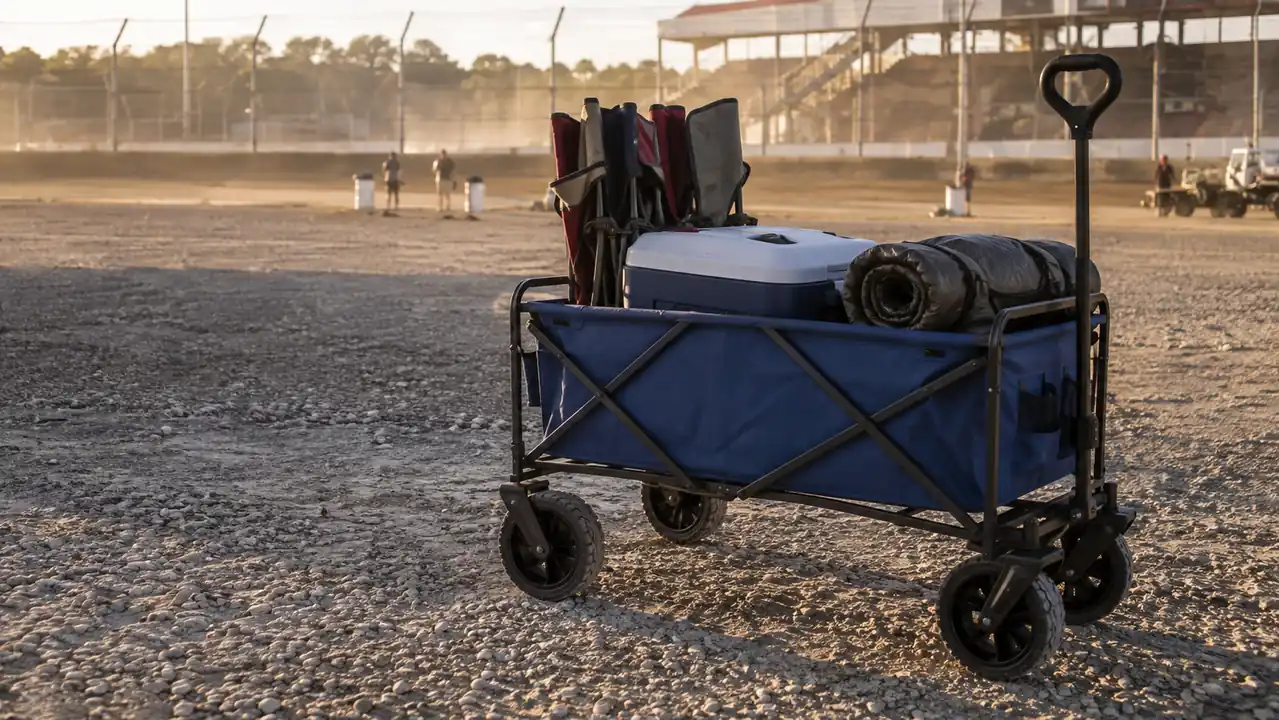 Blue steel-frame folding wagon loaded with a cooler and folding chairs in a gravel parking lot near a dirt track