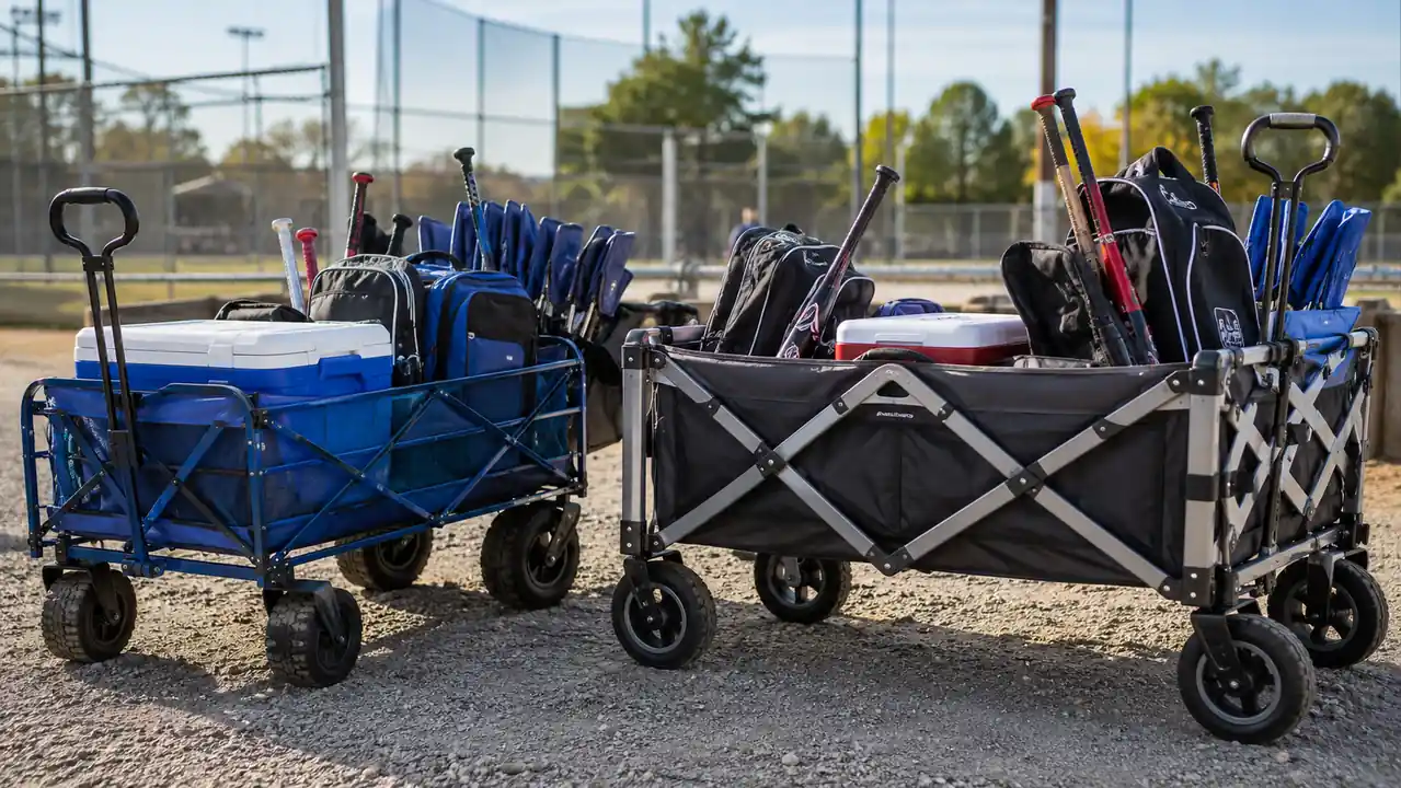 Two loaded folding wagons parked side by side in a gravel lot outside a baseball field, bat bags and a cooler visible in each