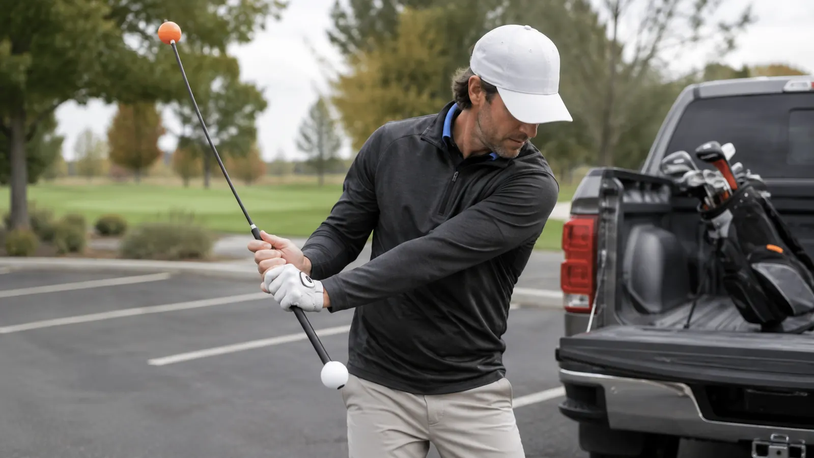 Hands gripping the orange counterbalanced shaft of the Orange Whip trainer, mid-swing in a gravel parking lot beside an open truck bed