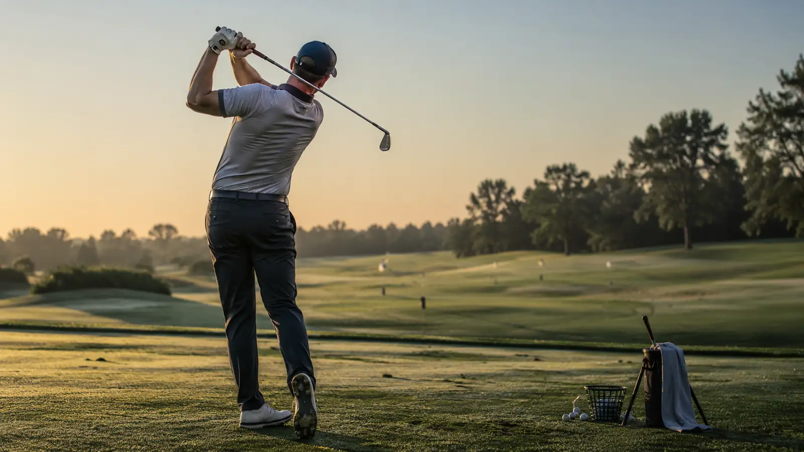 A single golfer alone at a quiet driving range at dawn, mid-swing, mist still on the grass