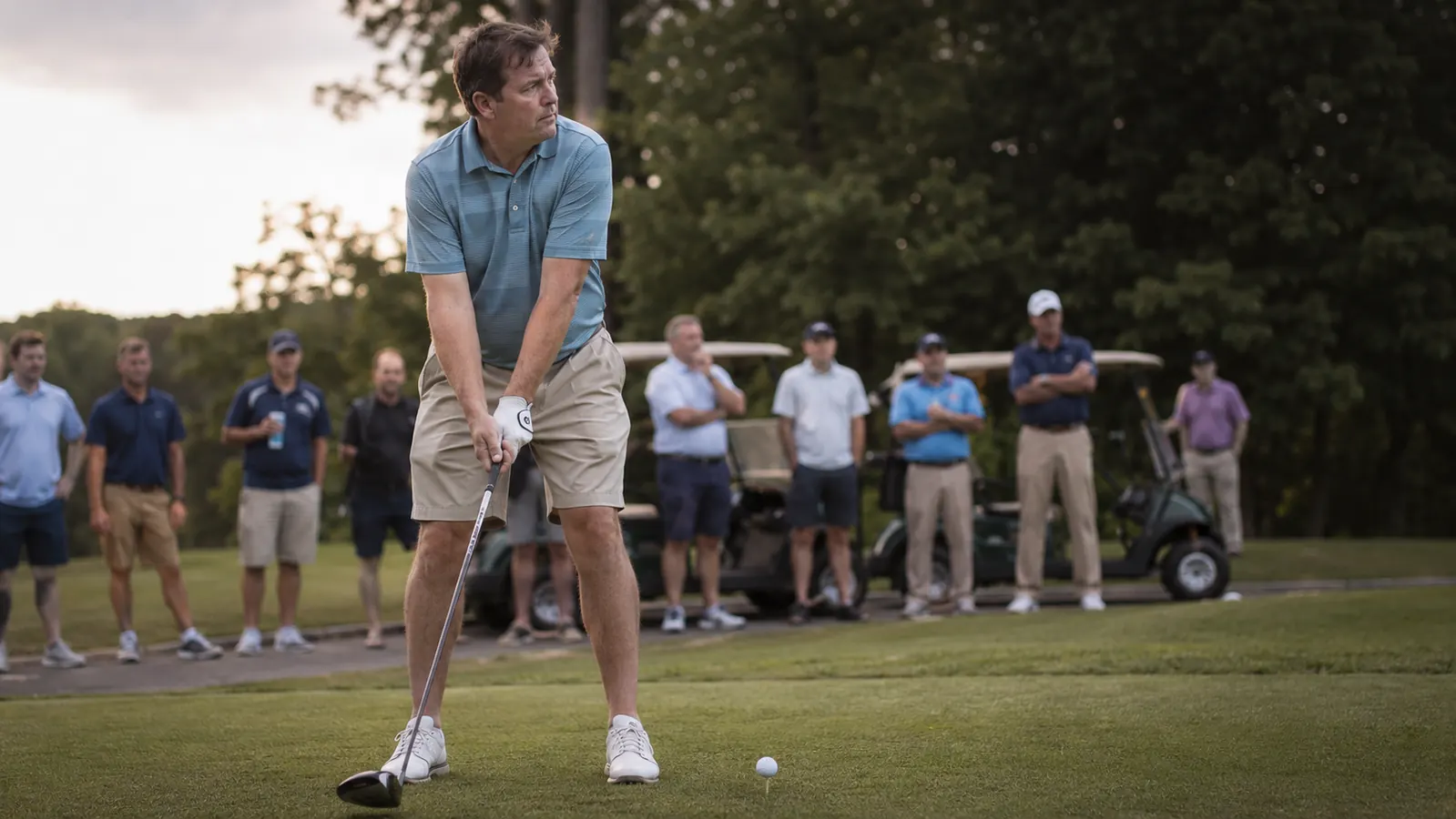 A golfer standing on the first tee box with a group of coworkers waiting nearby, morning light across the fairway