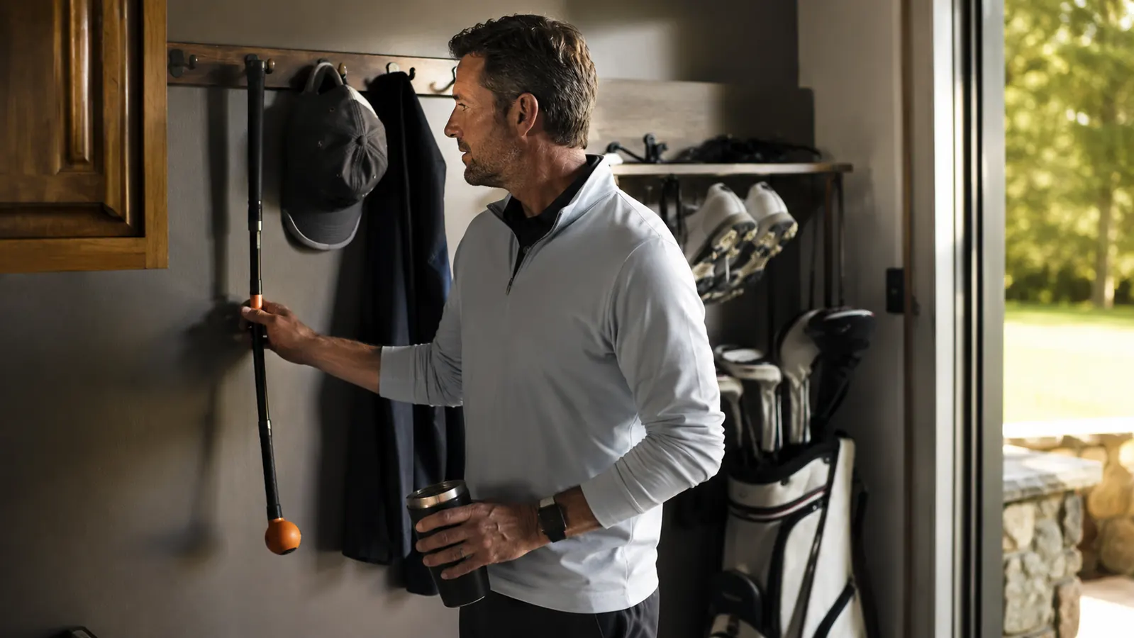 Man in his 40s in a mudroom grabbing an orange-headed flexible training club off a wall hook next to golf shoes