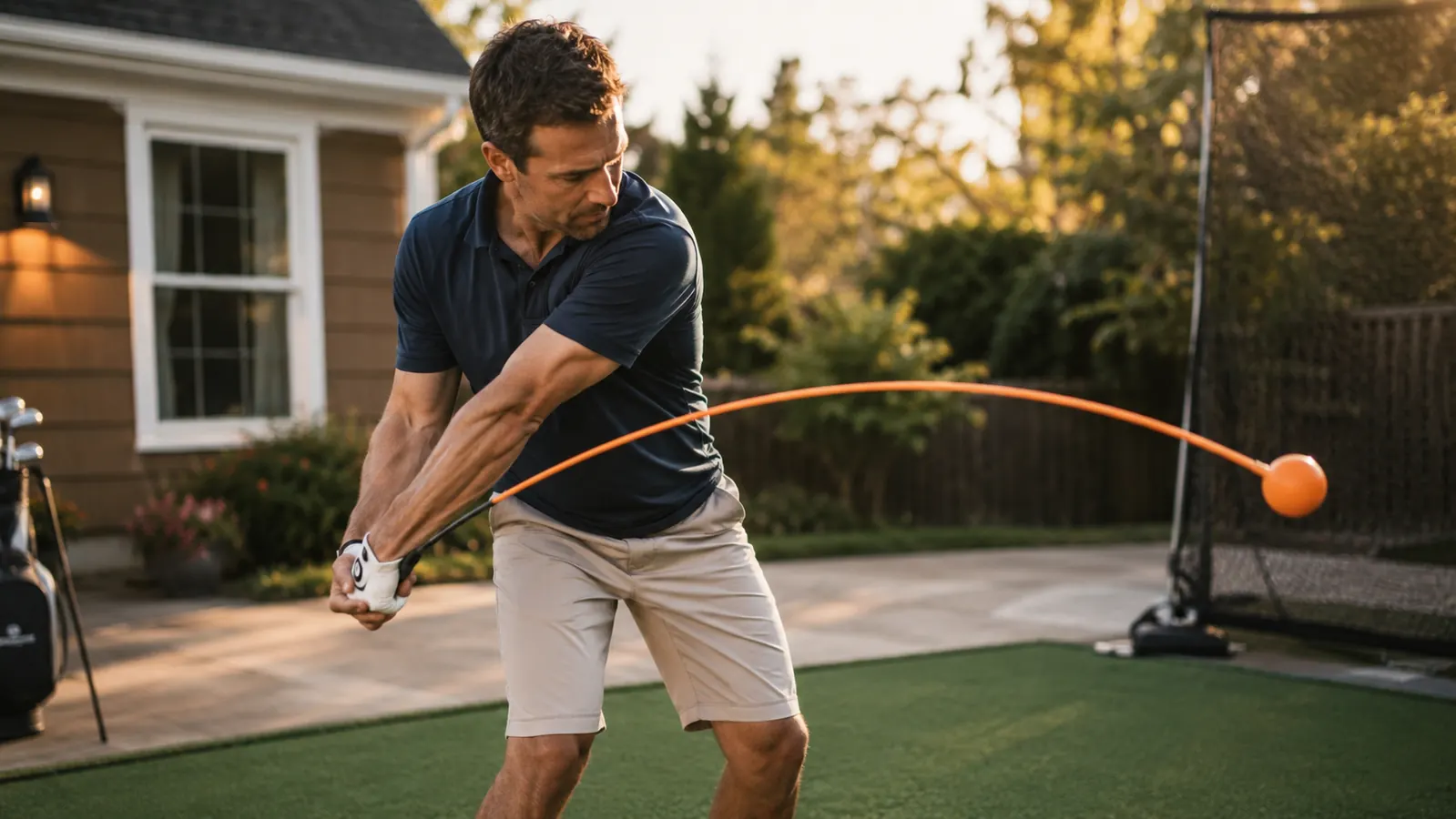 Man in his 40s swinging an orange-headed training club on a garage driveway in early evening light