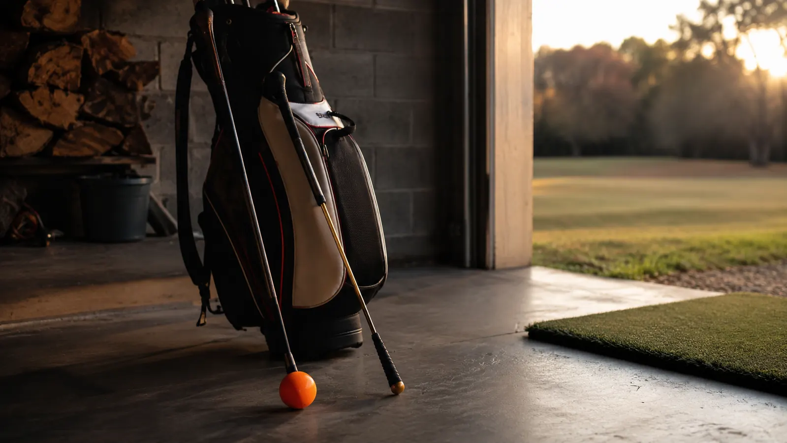 An orange-shafted golf swing trainer and a shorter gold flex training stick resting side by side against a garage golf bag