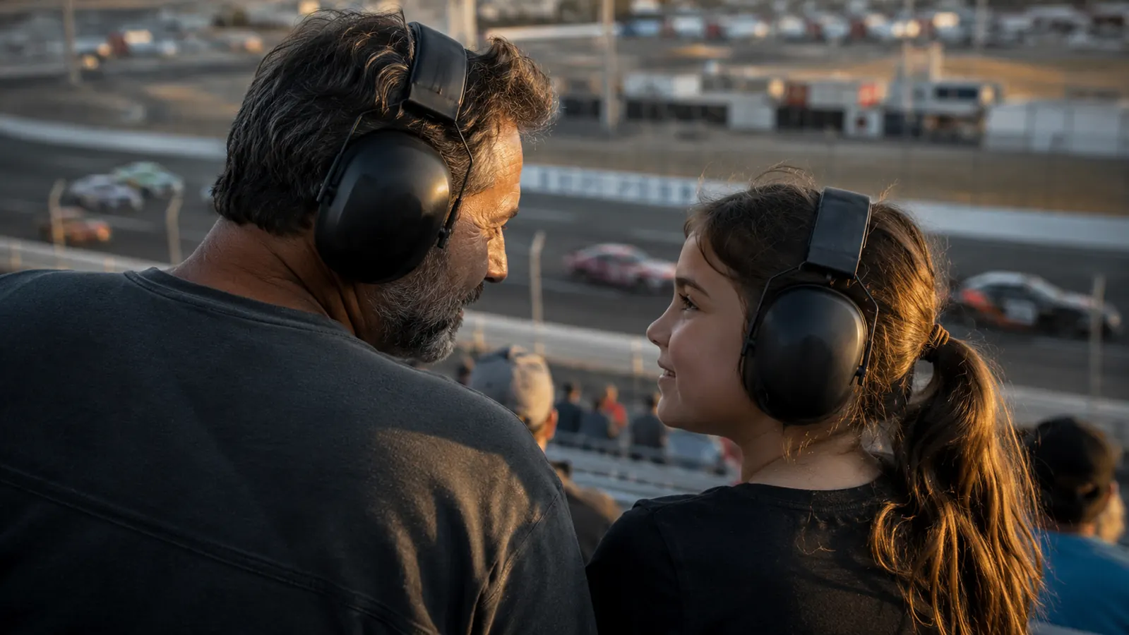 Father and daughter in grandstand seats at a stock car race, both wearing electronic earmuffs, cars blurring past on the track below