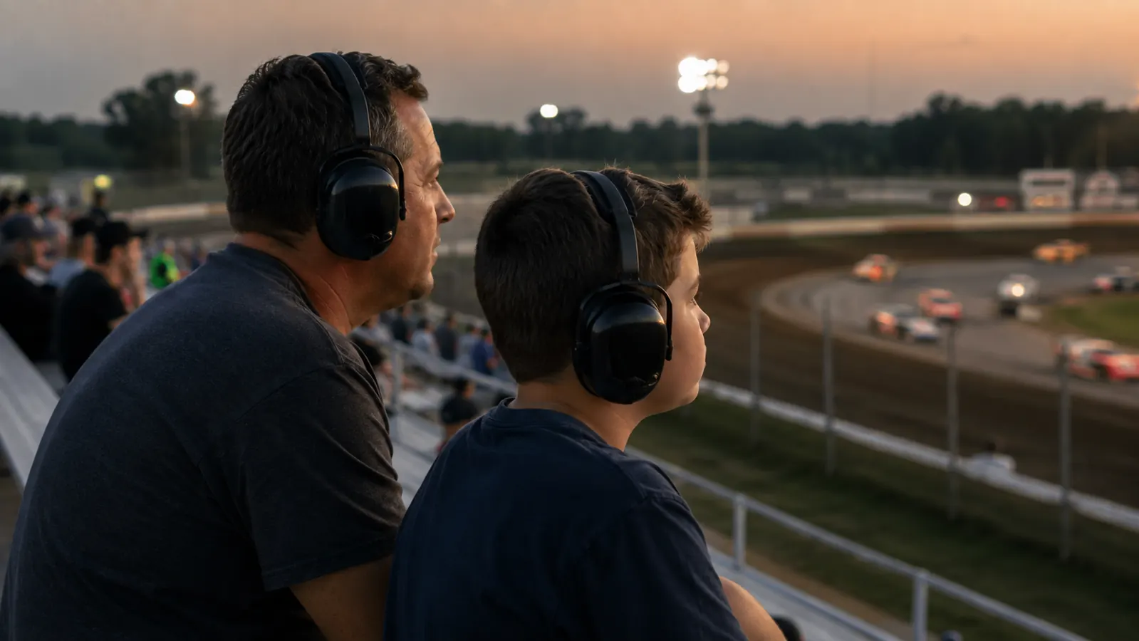 Man and teenage boy sitting in aluminum bleachers along turn two of a local short track at dusk, both wearing black electronic earmuffs, stadium lights coming on