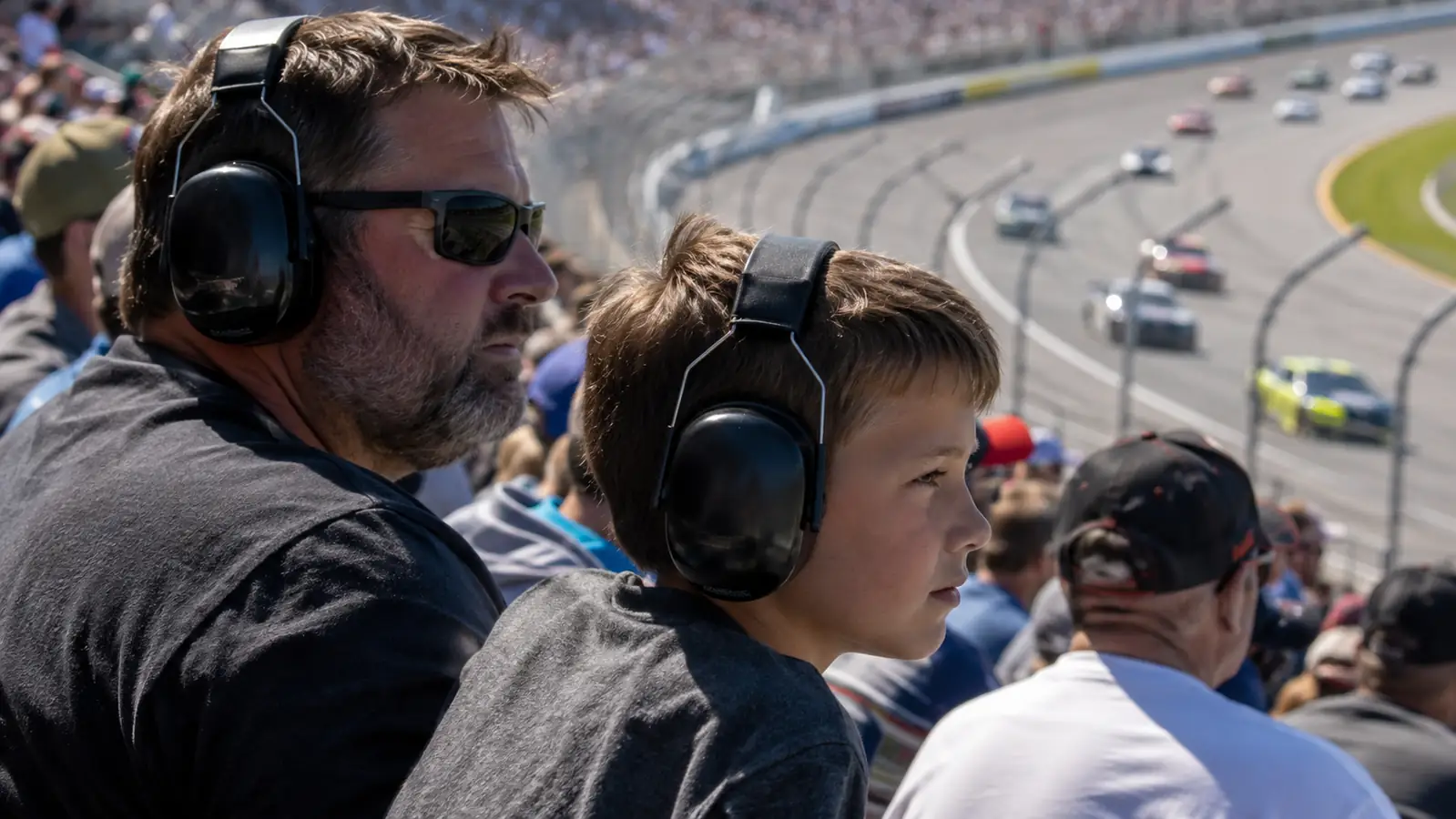 Father and young son wearing electronic earmuffs in the grandstands at a stock car race, cars blurred on the track below