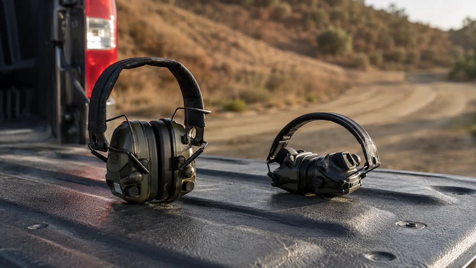 Two different styles of electronic earmuffs laid side by side on a truck tailgate at a dirt track parking lot
